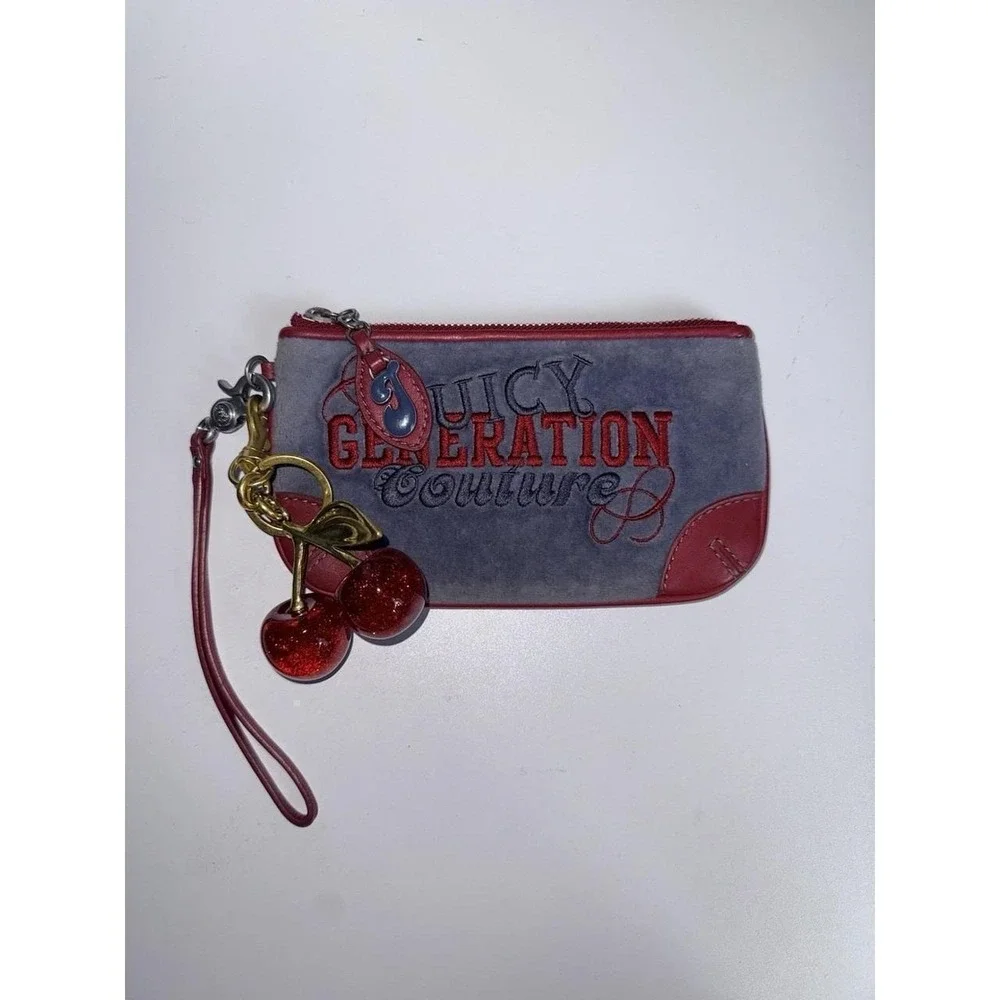 Vtg Juicy Couture Red Velour With Navy Wristlet Wallet Y2K Rare Charm Cherry Y